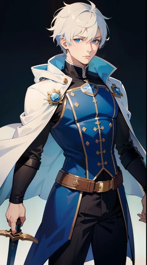 Grown-up guy, short white hair, eyes with blue color, Blue leather cloak, belts, circuits, breeches, two swords, Masterpiece, hiquality