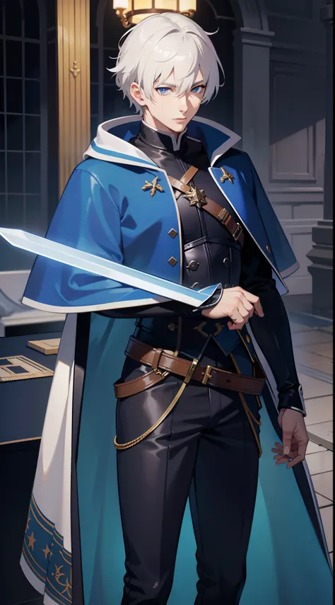 Grown-up guy, short white hair, eyes with blue color, Blue leather cloak, belts, circuits, breeches, two swords, Masterpiece, hiquality