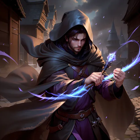 male people、No beard、Medium and short hair，Big hood、wearing hat，Cant see the face clearly，The Dark Mage，darkly，wind coat，cloaks、magical staff、brunette color hair，年轻，mistic，Dark background