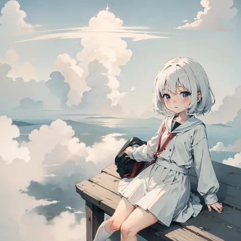 Above the white clouds，White clouds，The city of clouds， 1girll, Loli,elementary student， Solo, (with short white hair:1.2),