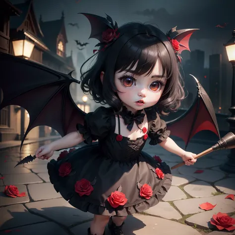 Cute Baby Chibi Anime,Vampires,Black Plain Crow Feather Dress,Lots of bats flap their wings,,irate,glares,Victoria Harbour,Stepping on a lot of red roses