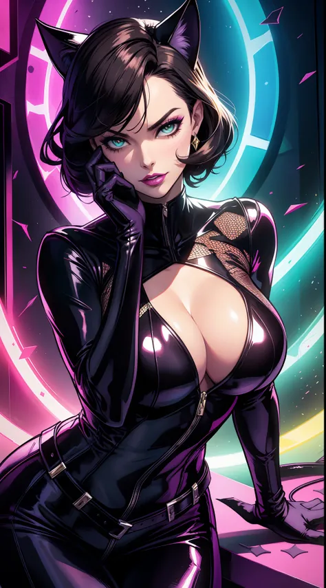 Catwoman from DC Comics, Masterpiece,cleavage，Best quality, abstracted, Psychedelic, neonlight, (honeycomb pattern), (Creative:1.3), Sy3, SMM, Fantasy00d