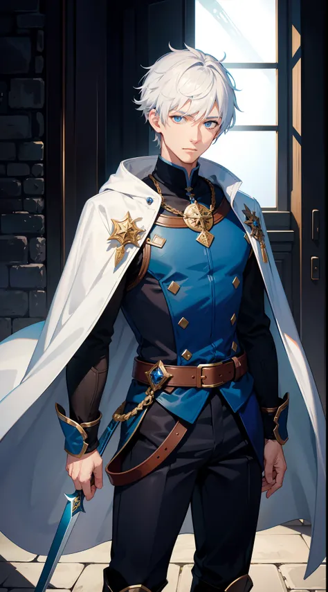 Grown-up guy, short white hair, eyes with blue color, Blue leather cloak, belts, circuits, breeches, two swords, Masterpiece, hiquality