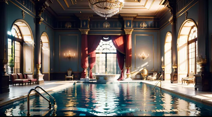 Extremely luxurious palace, Pool next door，Where to see the background of gold details (tmasterpiece) (8K high resolution) (best qualityer) (hyperdefined) (Ultra photo realsisim)(photo RAW) (photograph of-realistic) (Bright lighting)