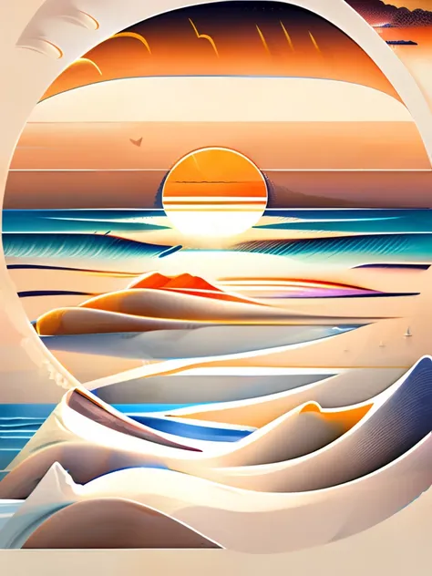 Sunset on the beach, white sand, epic composition, t-shirt design, rzminjourney, vector art