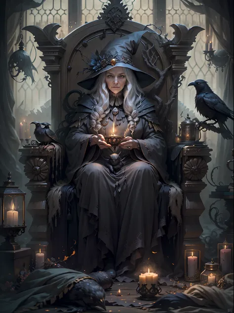 tmasterpiece，a gray-haired old witch，sit in a kadilau chair，she was holding a soniste crow. she is a wizard，waxy candles，lightan...