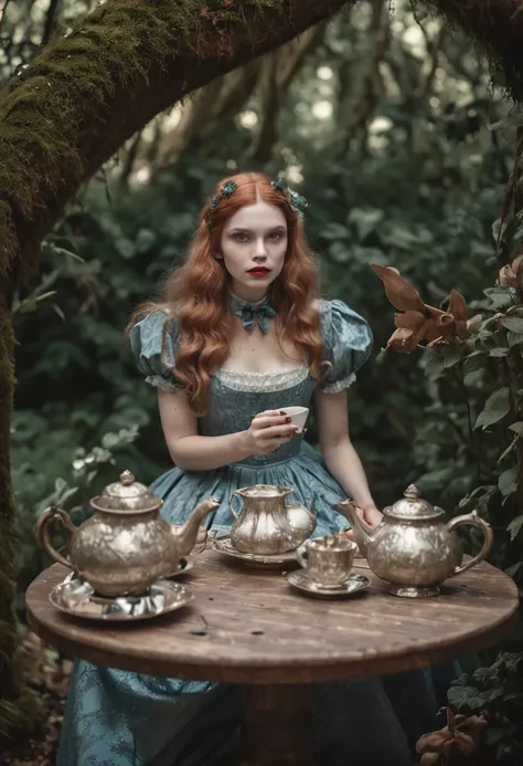 alice in wonderland having tea in a whimsical psychedelic jungle, realistic