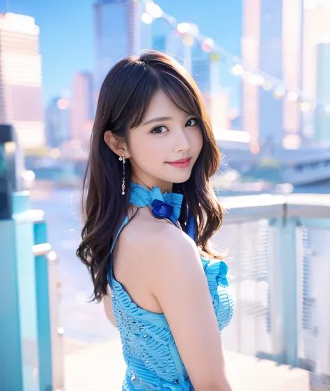 1girl in、(looking looking at viewer)、(bokeh dof:1.1)、Parted lips、Shy smile、realisitic、Light blue dress、Fashionable、celebrities、A sexy、sky line、realisitic、Beautuful Women