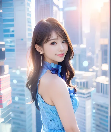 1girl in、(looking looking at viewer)、(bokeh dof:1.1)、Parted lips、Shy smile、realisitic、Light blue dress、Fashionable、celebrities、A sexy、sky line、realisitic、Beautuful Women