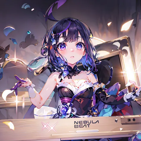 Anime girl with purple hair playing keyboard in front of photo frame, Bigchest，Official artwork, high detailed official artwork, highly detailed exquisite fanart, anime visual of a cute girl, Official artwork HDR, Ayaka Genshin impact, Hestia, A scene from...