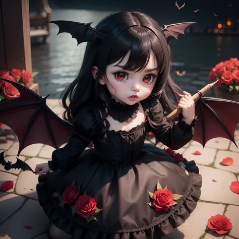 Cute Baby Chibi Anime,Vampires,Black Plain Crow Feather Dress,Hold a lot of bats,irate,glares,Victoria Harbour,Stepping on a lot of red roses