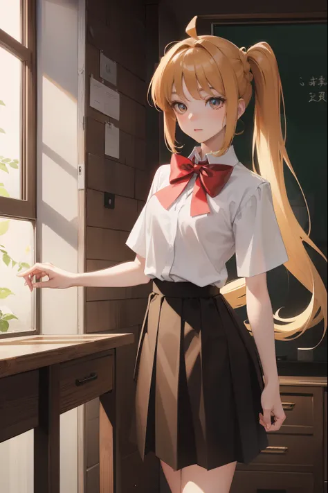 nijikaijichi, nijika ijichi, ahoge, blonde hair, (brown eyes:1.5), long hair, one side up,
BREAK black skirt, bow, bowtie, collared shirt, pleated skirt, polka dot, polka dot bow, red bow, red bowtie, red footwear, shirt, shoes, short sleeves, skirt, socks...