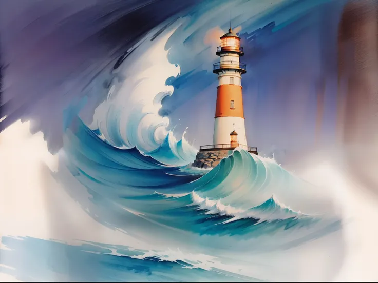 Ink drawing of a lighthouse, the delineation blurred by ethereal watercolor wisps in teal and orange hues palette, pastel pink background