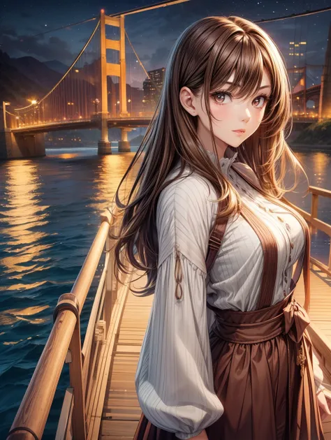 Best Quality, masutepiece, beautiful mature women、Beautiful face、Strong-minded woman、dressed casually、brown haired、Brown-eyed、Medium Long Hair、Full body like、Undersized eyes、View of the large suspension bridge、nighttime scene