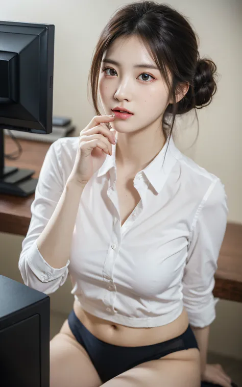 Highly detailed CG Unity 8k wallpaper, top quality, super detailed, masterpiece, realistic, photorealistic, very detailed cute girl, 25 years old, (secretary), blush, parted lips, round eyes, medium breasts, viewer, semi-body shot, collared shirt, office, ...