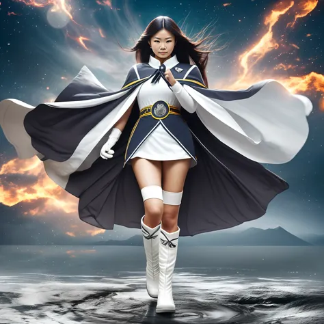 nature guardian typhoon woman wearing typhoon symbol uniform，white cloak, long white gloves on his hands, wear white knee-length...