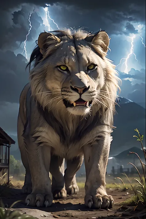 Great legndary roaring lion super detailed hyper realistic master piece thunder storm environnement super detailed face