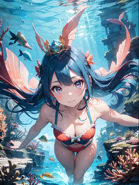 film photography, 1girl , (((whole body ))) , dynamic pose

Character: tropical mermaid queen
Style: undersea paradise
Extraordinary Feature: controls the vibrant life of the ocean
Action: Swimming gracefully among colorful coral reefs, surrounded by marin...