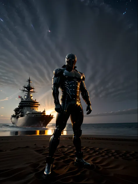 Top image quality，On the silver sand，The battleship floated in the air，Silver sand，low  angle shot，afofuturism，the night，starrysky，A man in a tight latex suit stands in the middle，Show，Muscular body，Panoramic view，centered composition，