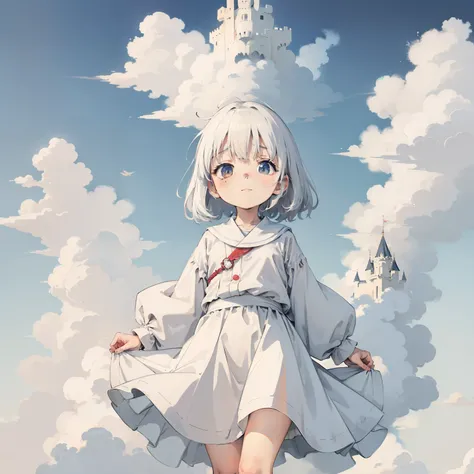 Above the white clouds，White clouds，A castle made of white clouds， 1girll, Little girl flying over white clouds，Loli,elementary student， Solo, (with short white hair:1.2),