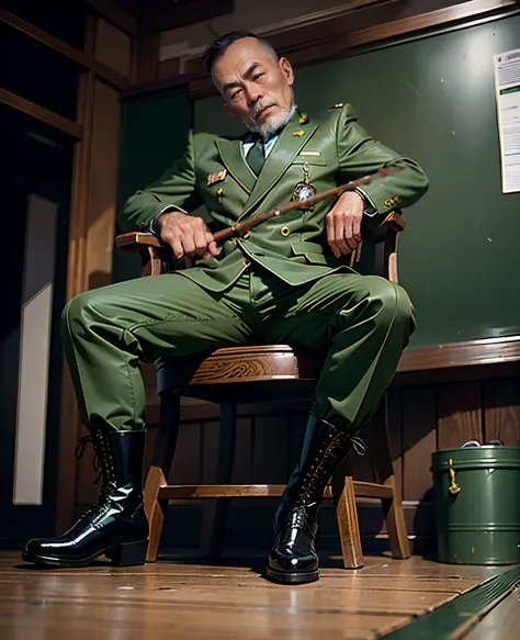 A 50-year-old middle-aged Chinese man sits in a chair，jpn，Chinese man，He wore a pair of army-green riding boots on his legs, Wear riding boots,breeches, Army green blazer, Jacket and boots, Wear tall riding boots, Army green uniform breeches and army green...