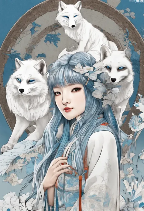 (White background:1.4),(Girls head face, eyes open, blue long hair,white fox ears，It has 9 fluffy foxtails， Oriental elements)，(Chinese painting:1.3，Paper art:1.3, Quilt paper art:1.2),( Reasonable design, clear lines, high sharpness,Best Quality, Very det...