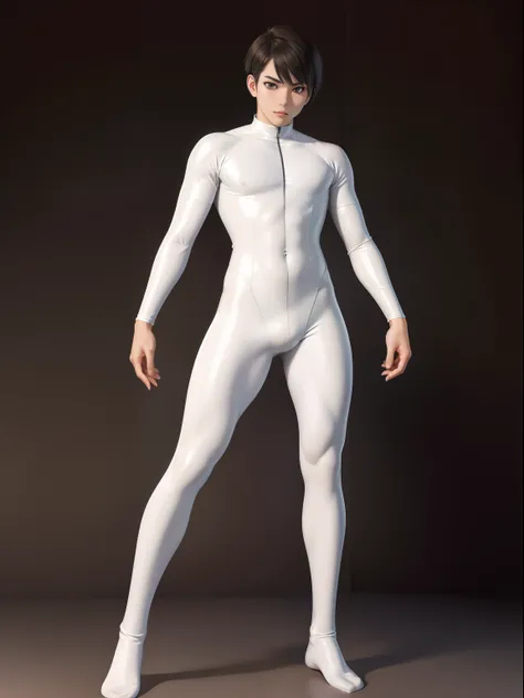 Young Asian man，Full body photo，Latex clothing，Long tube toeless latex socks，short detailed hair，Muscular body，Silver latex combat suit，Tight combat suit，Silvertone，white colors