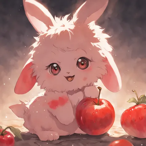 bunny, realistic, furry animal, apple, black eye, blush, cherry, food, fruit, full body, hat, non-human, strawberry, tomato, watermelon