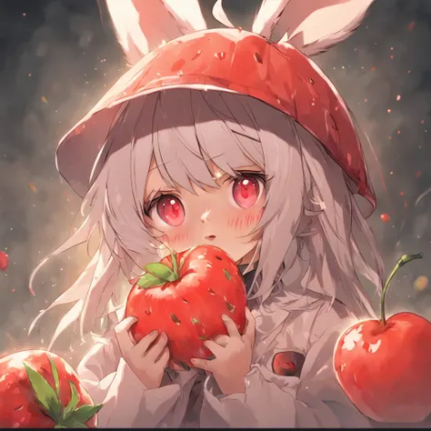 bunny, realistic, furry animal, apple, black eye, blush, cherry, food, fruit, full body, hat, non-human, strawberry, tomato, watermelon