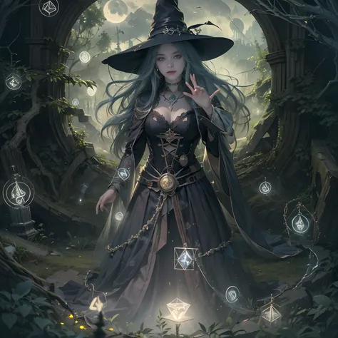 a beautiful modern witch with (witch hat), beautiful face and demonic eyes, facing the camera with grace, practicing her spells ...