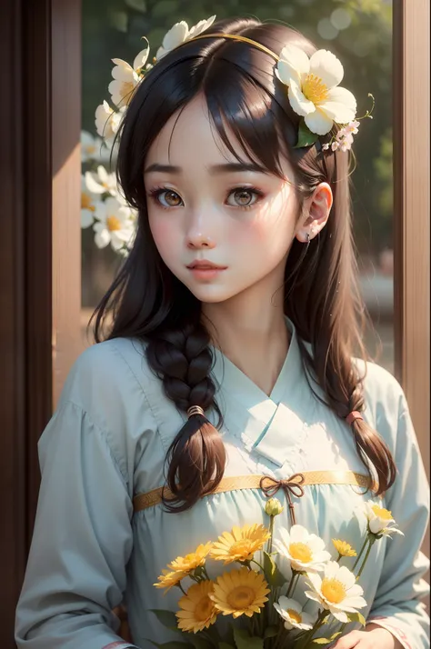 A close-up of a woman with flowers in her hair, Chinese girl, cute delicate face, girl cute-fine face, young cute wan asian face, Beautiful Korean woman, feminine beautiful face, Very beautiful face, Realistic. Cheng Yi, Extremely beautiful face, beautiful...