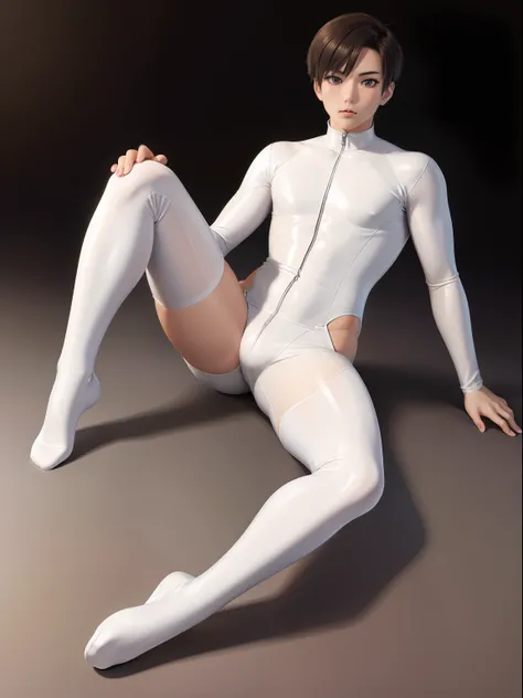 Young Asian man，Full body photo，Latex clothing，Long tube toeless latex socks，short detailed hair，Muscular body，Silver latex combat suit，Tight combat suit，Silvertone，white colors