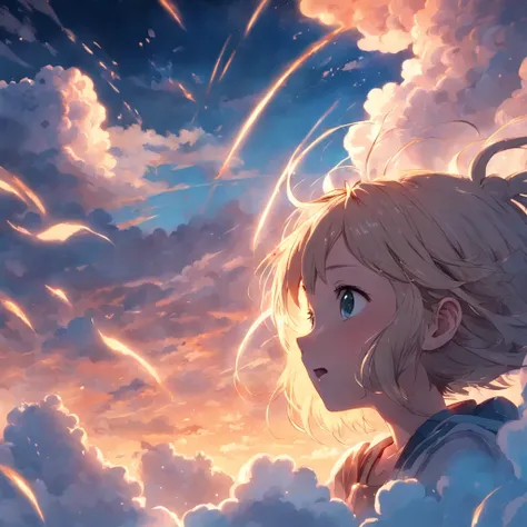 masterpiece, best quality, movie still, 1girl, cloud girl, floating in the sky, close-up, bright, happy, warm soft lighting, sunset, (sparks:0.7)