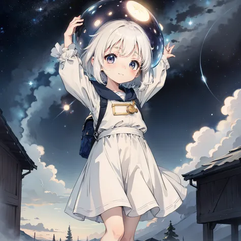 universe background，starry sky bright， 1girll, Little girl who flew out of the earth，Loli,elementary student， Solo, (with short white hair:1.2),