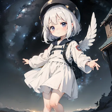 universe background，starry sky bright， 1girll, Little girl who flew out of the earth，Loli,elementary student， Solo, (with short white hair:1.2),