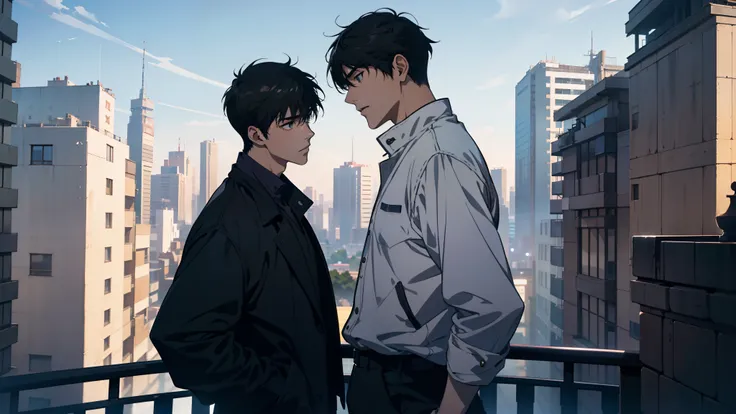 2 men male personality, two handsome male protagonists，anime couples meet on balconies and dormitories，it presents the style of ...