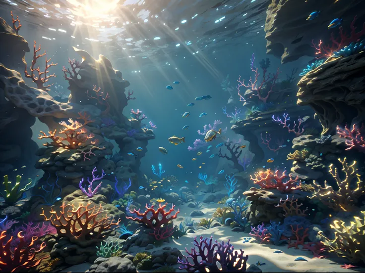 an underwater game scene with fishes and corals, sun shine through the water create an serene feeling, unreal engine five, game ...