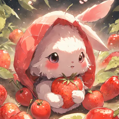 bunny, realistic, furry animal, apple, black eye, blush, cherry, food, fruit, full body, hat, non-human, strawberry, tomato, watermelon