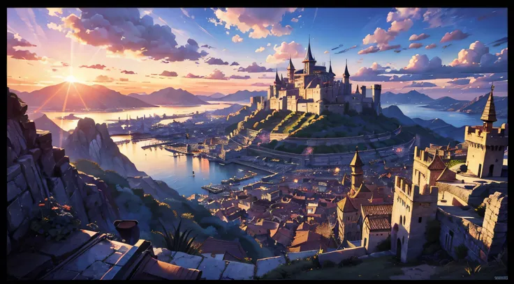 "the kingdom overlooking a village from a scenic hill with the vibrant sun in the sky, beautifully illustrated manga panel with ...