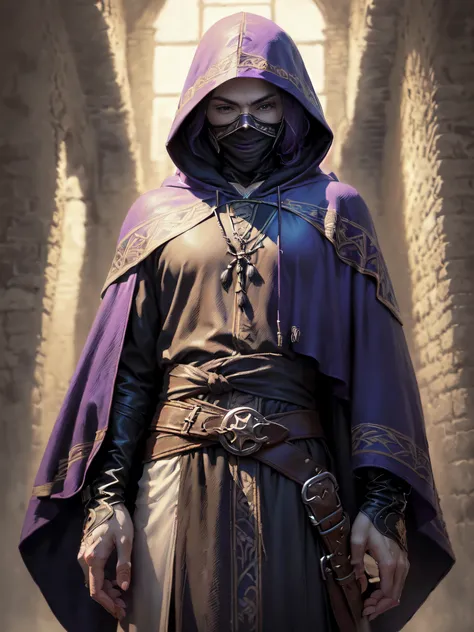 (superfine illustration, Best Quality, Ultra-detailed, Correct delineation, Perfect fingers, Perfect hands, Medieval fantasy:1.5), (hooded mysterious assassin, Male Focus, Solo, :1.5), stand with sneering, guild room wall as background, Extremely short hai...