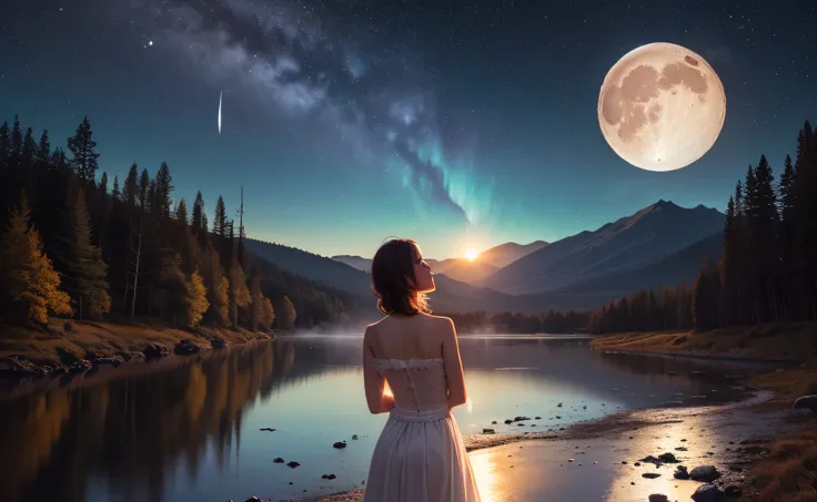 ((best quality)), ((masterpiece)), ((realistic)), ((beautiful female moon)), celestial body struck, comet impact, moon broken in half, surrounded by debris, fragmented, aurora dancing, spring evening, rabbit observer, glimmering stars, forest mist below, o...