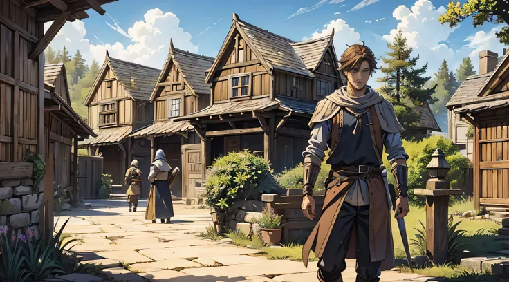 "Male characters cultivating crops in a quaint village during the medieval era, manga-style panel, intricate manga artwork, dynamic manga shading."