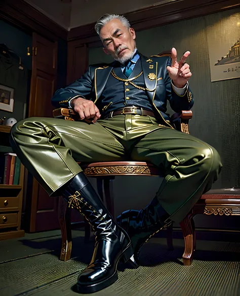 A 50-year-old middle-aged Chinese man sits in a chair，jpn，Chinese man，Keep your feet up，He wore a pair of golden riding boots on his legs, Wear riding boots,breeches, Gold blazer, Jacket and boots, Gold uniform breeches and gold smooth riding boots, Golden...