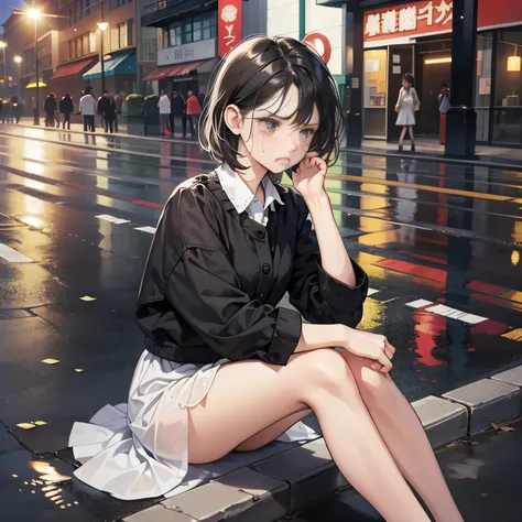 tmasterpiece，high high quality，Best quality at best，k hd，详细的脸，Detailed body，1 woman，with short black hair，whitet-shirt，(Saddened expression:1.5)，(The face is sad:1.5)，（Leaning sideways on a streetlight：1.3），（sat on the ground：1.2），Looks engaged，Off the str...