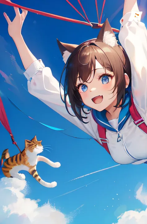 parachutes，teens girl，cat ear，upper sky