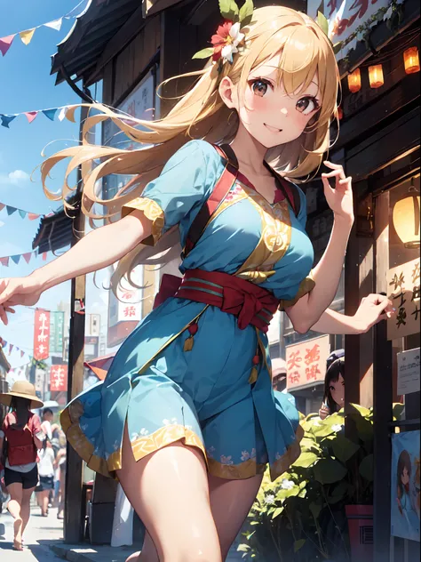 film photography, 1girl , (((whole body ))) , dynamic pose

Character: summer festival enchantress
Style: festive magic
Extraordinary Feature: infuses summer celebrations with enchantment
Action: Dancing joyfully with ribbons that leave trails of magical s...