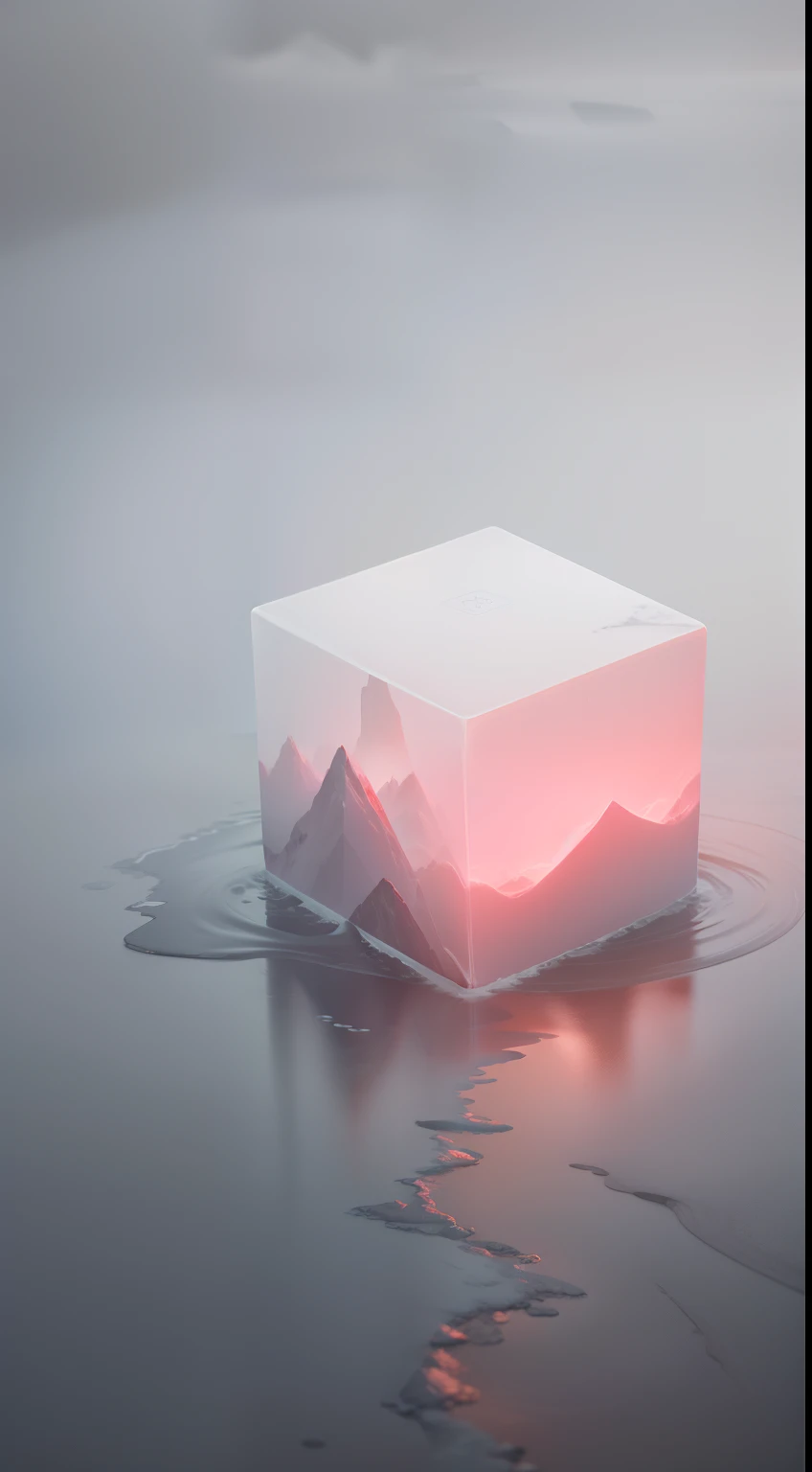 ice river，fog atmosphere，soggy, A sense of mystery, A cube glowing red，minimalistic composition,Lots of white space，,8k --ar 3:450--v5.2 --s 2