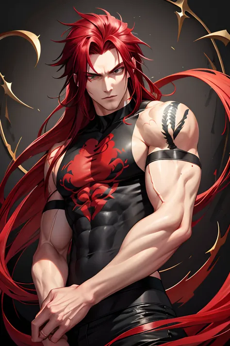 Male with red long detailed hair, black eyes, evil incarnation, handsome, having dragon tattoo on arm, wearing casual clothes