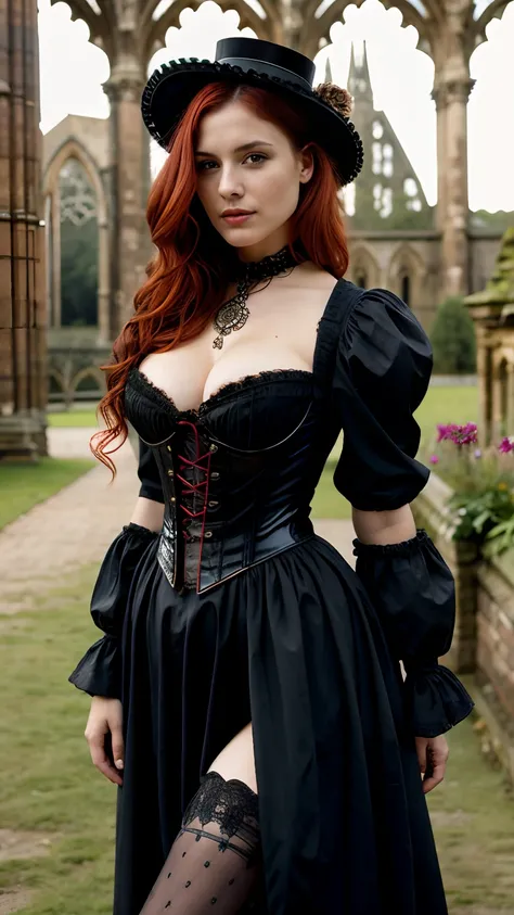 Malicious steampunk girl, red hair, intricate steampunk top hat, gears, steampunk goggles, sensual pose, sensual smile, steampunk style, (in the garden of a ruined gothic cathedral:1.2), (victorian age dressing:1.4) ,((slim, petite)), photorealistic, photo...