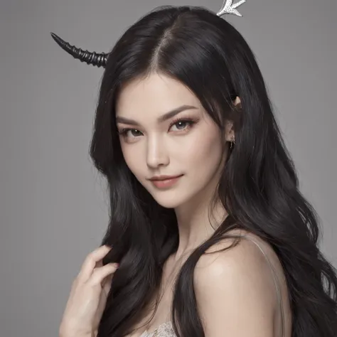 Photo of a very beautiful woman with angels and demons、Tattoos all over the body、Angel Wings and Devils Wings、Angel smile and demon smile、Beautiful platinum brand long hair and long black hair